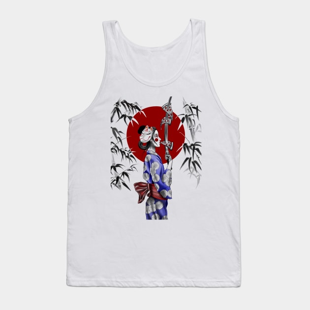 Japanese Geisha Eating NY Pizza with Samurai Sword Tank Top by Tred85